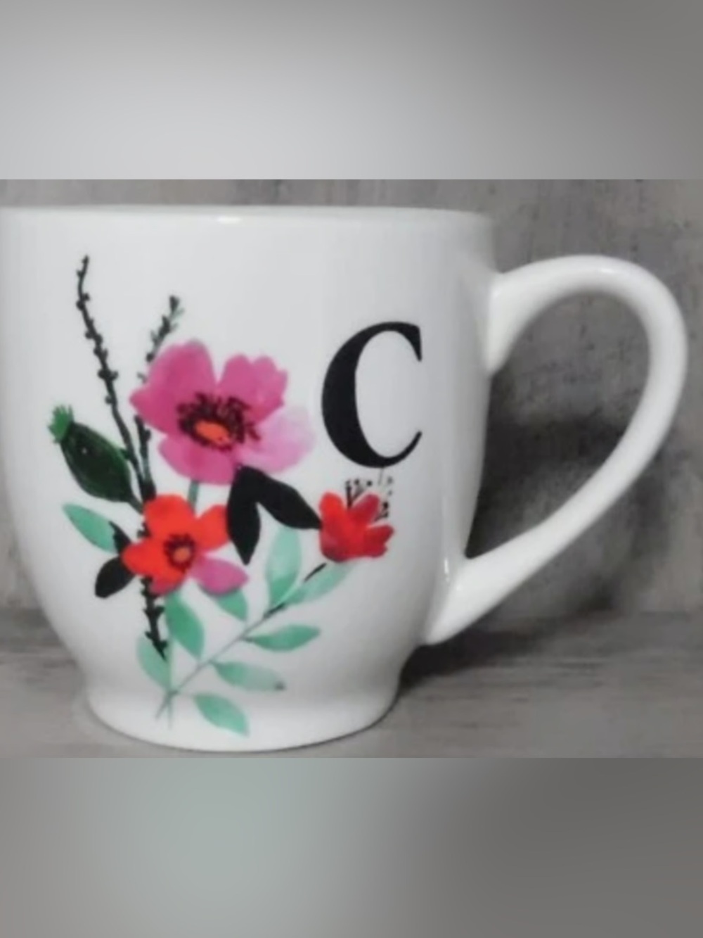 Floral 'C' Ceramic Mug - White with Pink & Red Blooms